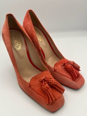 Tod’s Coral-Orange Suede Tassel Pump with High Stacked Wood Heel